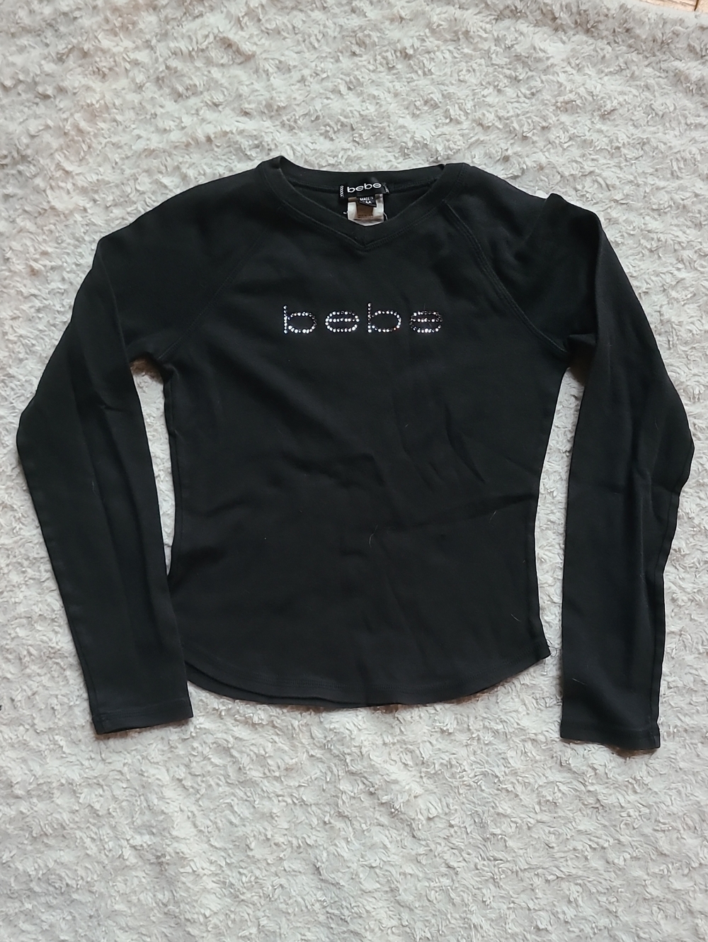 bebe Black Long-Sleeve Rhinestone Logo Tee